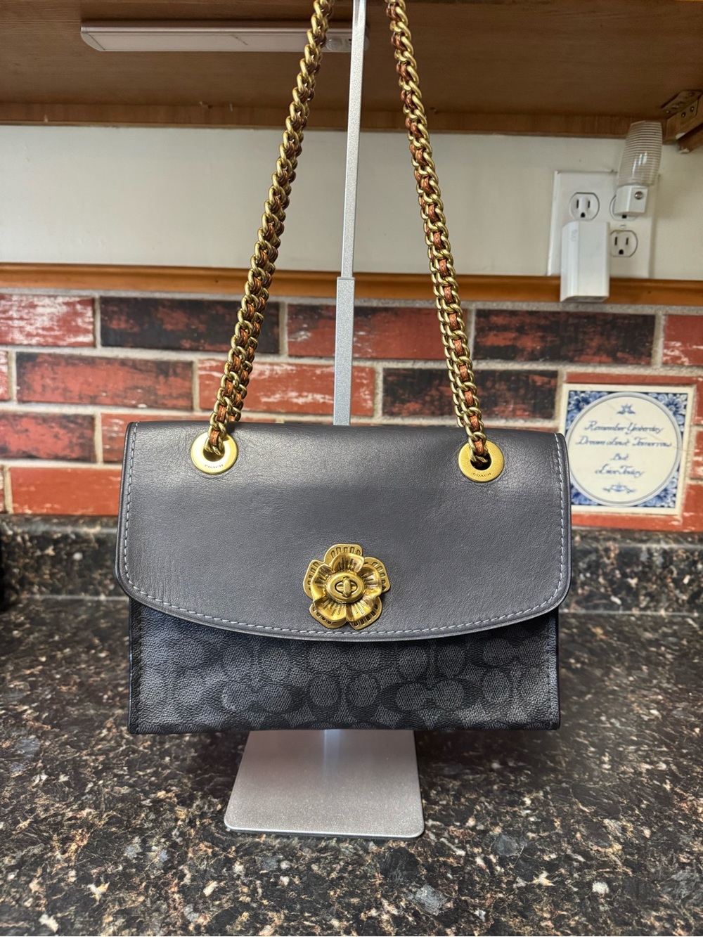 Coach Parker 30585 Navy Signature Canvas Shoulder Bag Tea Rose Turnlock Chain